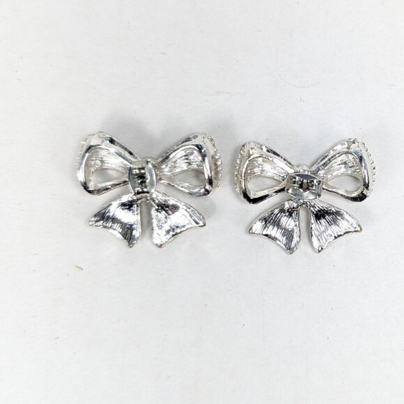Rhinestone Silver Bow Stud Post Fun Fashion Earrings - Picture 9 of 11